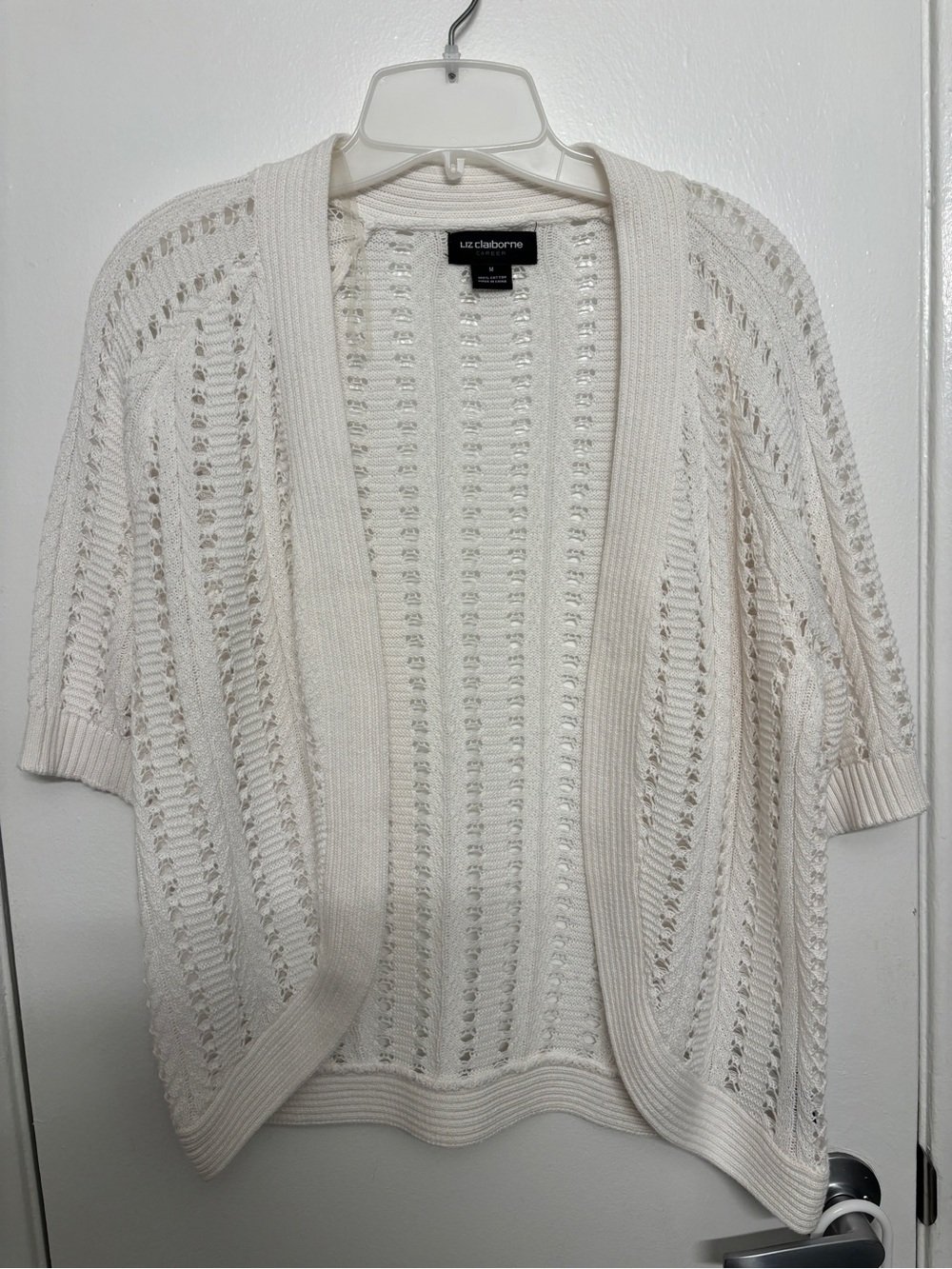 Liz Claiborne Ivory Open-Weave Short Sleeve Cardigan